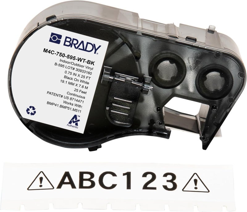 Brady Authentic (M4C-750-595-WT-BK) All-Weather Vinyl Labels 0.75 in W x 25ft Black on White. for use with BMP41, BMP51, M410, M510, and M511 Label Printers. - Image 1